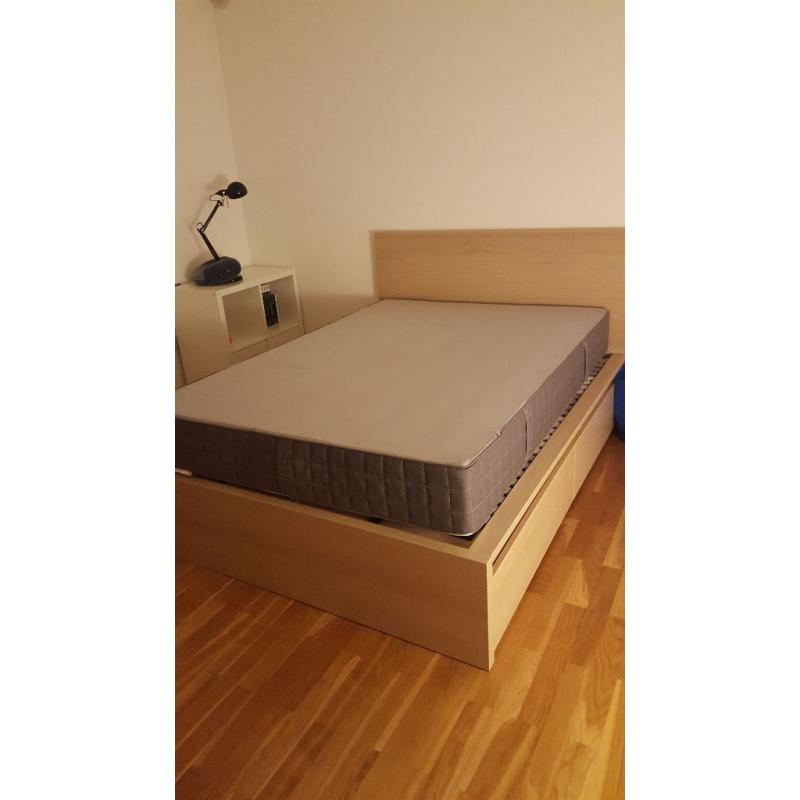 Double bedding set, including matress and storage boxes - white stained oak veener