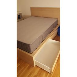 Double bedding set, including matress and storage boxes - white stained oak veener