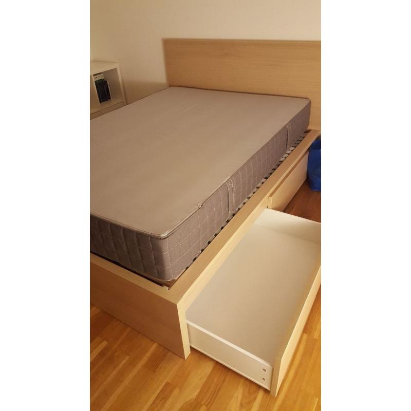 Double bedding set, including matress and storage boxes - white stained oak veener