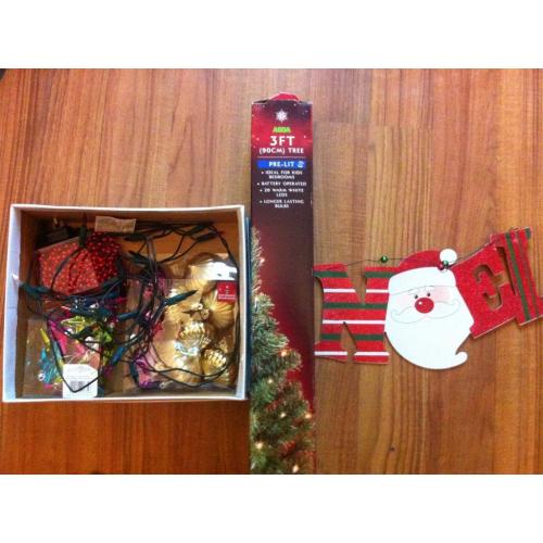 Misc Christmas decorations, 3 ft tree with lights, garland and ornaments, door sign