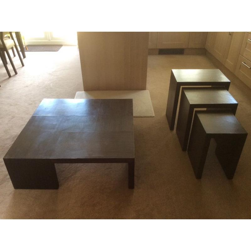 Black/dark brown hardwood coffee table + nest of tables (same wood)