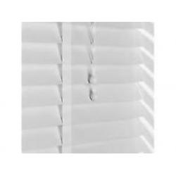 White wooden blind w cream tapes. 50mm slats/102cms width