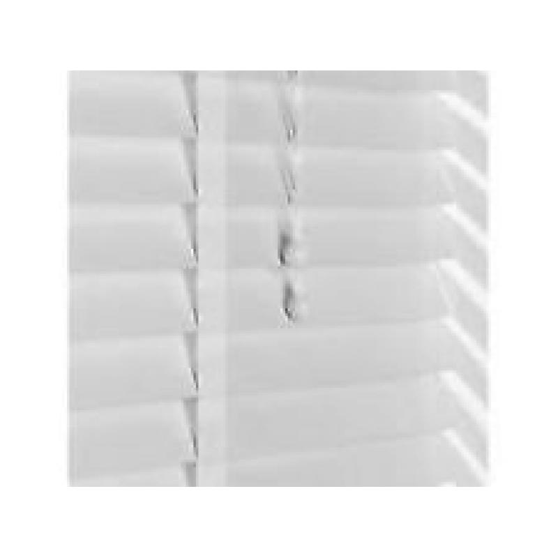 White wooden blind w cream tapes. 50mm slats/102cms width