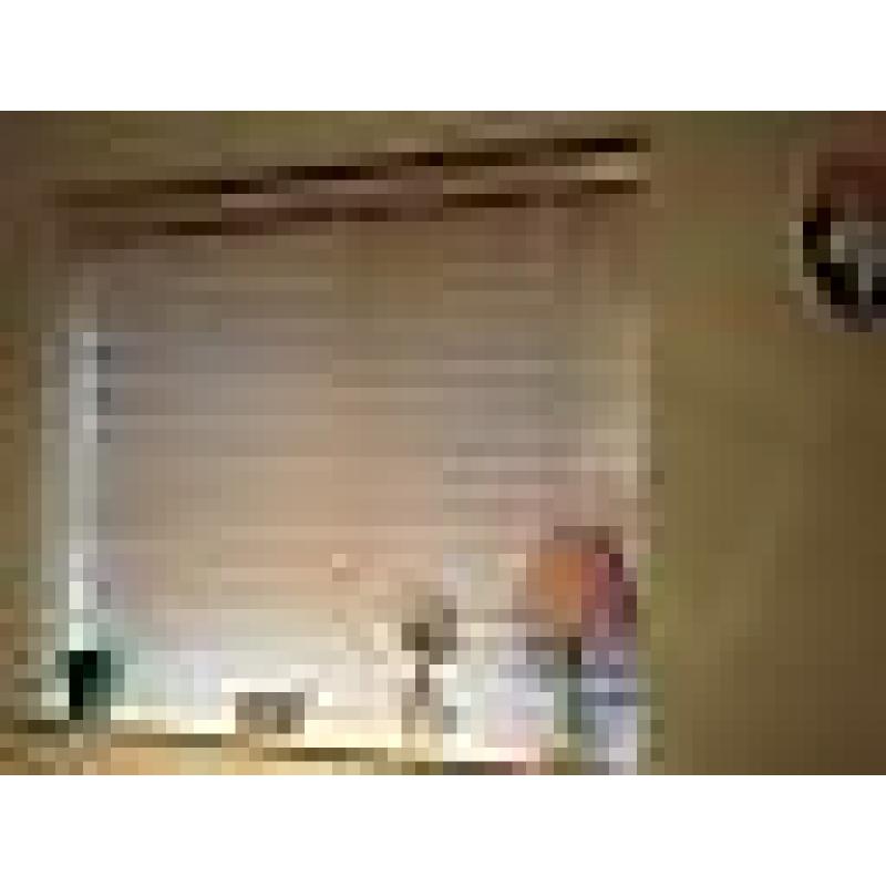 White wooden blind w cream tapes. 50mm slats/102cms width