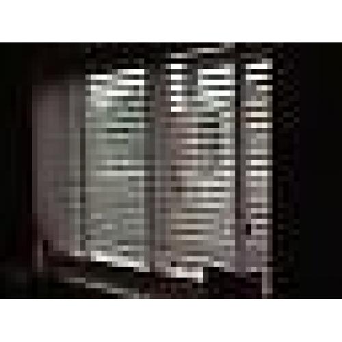 White wooden blind w cream tapes. 50mm slats/102cms width