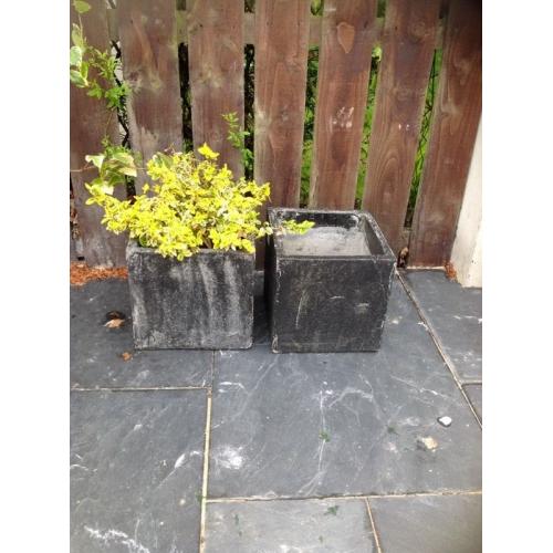 PAIR HEAVY BLACK CUBED PLANT POTS