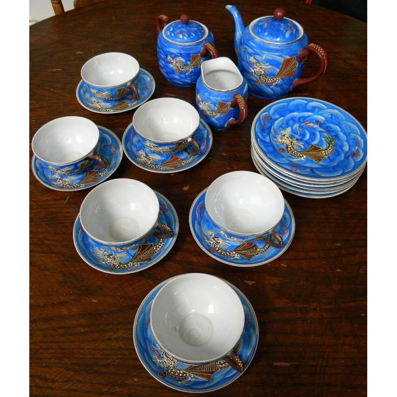 Japanese Lithophane Geisha Girl Blue Dragon Tea Set of 23 pieces, MADE IN JAPAN - used