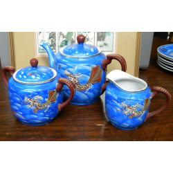Japanese Lithophane Geisha Girl Blue Dragon Tea Set of 23 pieces, MADE IN JAPAN - used