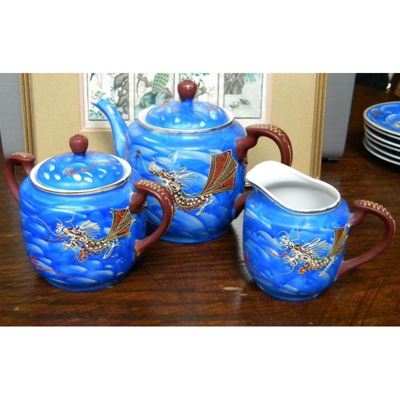 Japanese Lithophane Geisha Girl Blue Dragon Tea Set of 23 pieces, MADE IN JAPAN - used