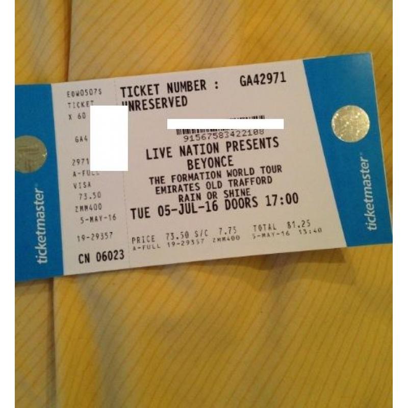 Beyonce 2 x Tickets Manchester Old Trafford 5th July Standing World Tour Live Concert