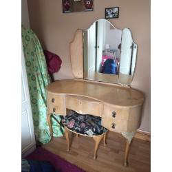 Bleached walnut vintage dressing table and upholstered stool