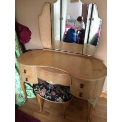 Bleached walnut vintage dressing table and upholstered stool
