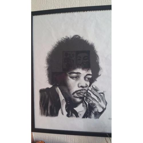 Hand drawn charcoal portraits, Jonny Cash and Jimi Hendrix