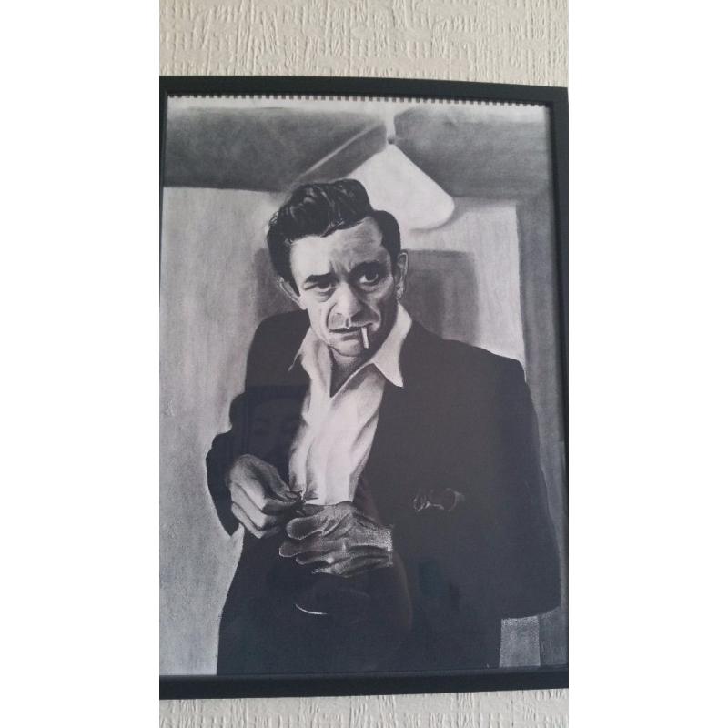 Hand drawn charcoal portraits, Jonny Cash and Jimi Hendrix
