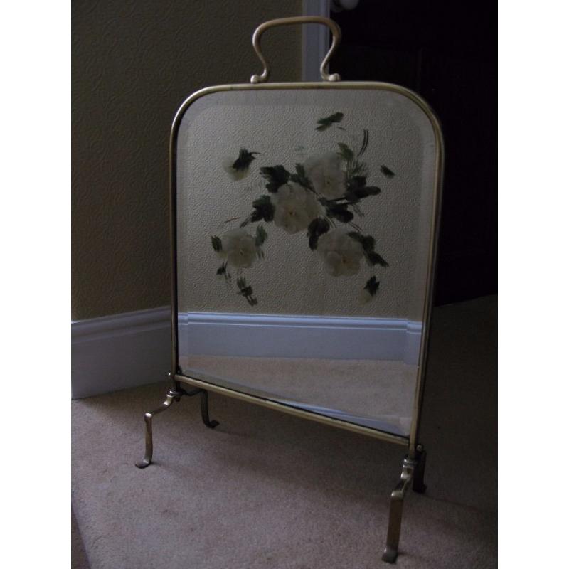 Antique Victorian Mirrored Glass Floral Painted Firescreen/ Fire Guard