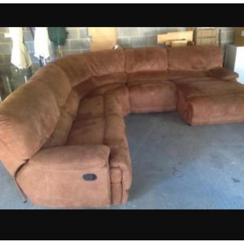 Large light brown faux suede 5 seat corner sofa recliner.