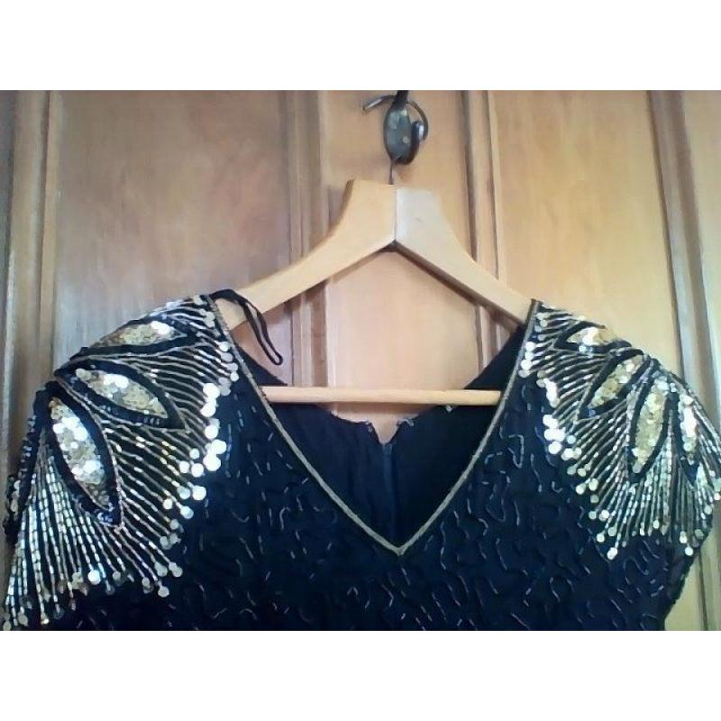 Black silk fully beaded evening dress approx size 10/12 see measurements below