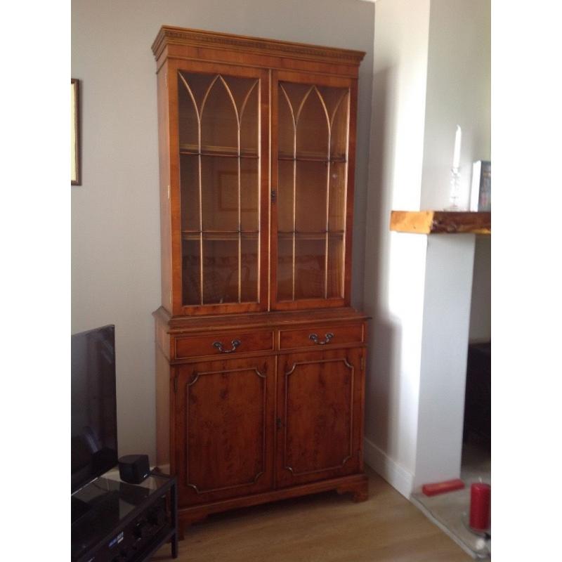 Yew "gothic" display cabinet and cupboard