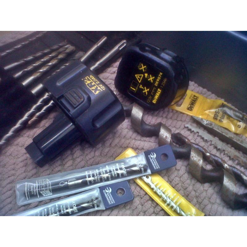 Various Drills, Dewalt Batteries, Tool Box