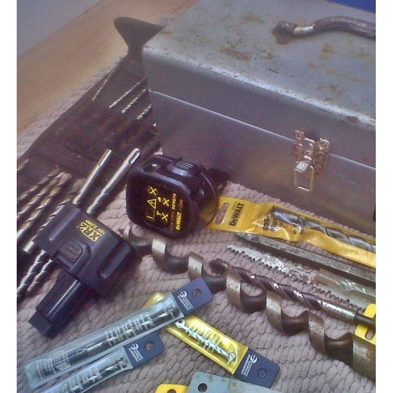 Various Drills, Dewalt Batteries, Tool Box