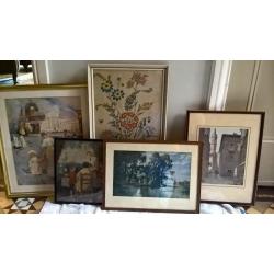 red /ruby/wine colour lamp shades 6, 5 lovely pictures in frames all different sizes