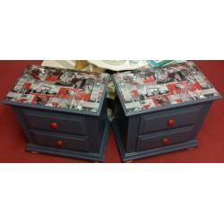 Pair of Quality American Soft & Hardwood Bedside Drawers - Painted and Decoupaged