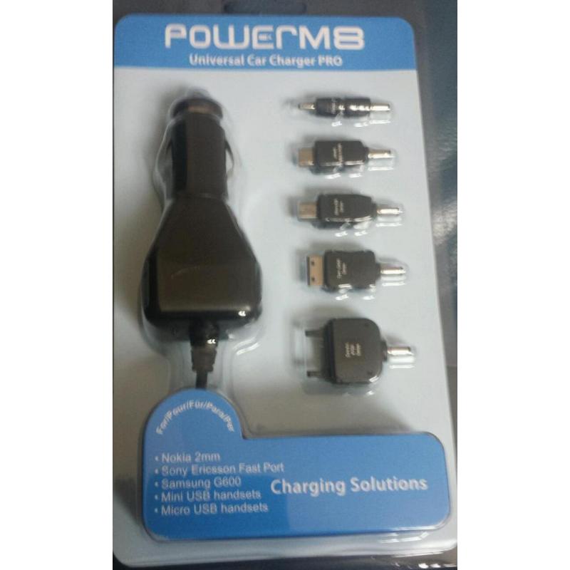 Box of 6. POWER M8 UNIVERSAL CAR CHARGER PRO WITH 5 CONNECTORS AND CAR ADAPTER
