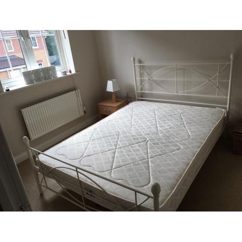 Double bed frame, mattress and bedside table