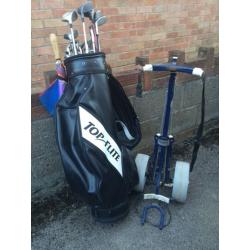 Selection of golf clubs & Drivers. Golf bag and trolley. Good condition.