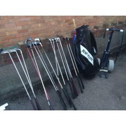 Selection of golf clubs & Drivers. Golf bag and trolley. Good condition.