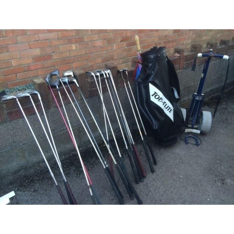 Selection of golf clubs & Drivers. Golf bag and trolley. Good condition.