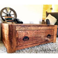 Antique Rustic Oak Chest with Drawer Coffee Table