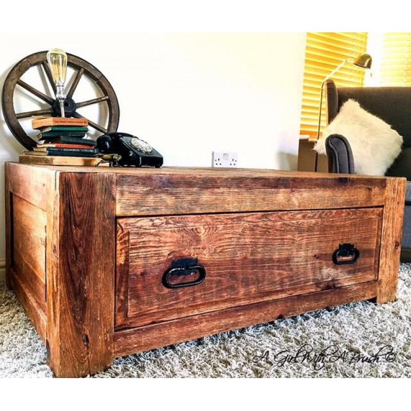 Antique Rustic Oak Chest with Drawer Coffee Table