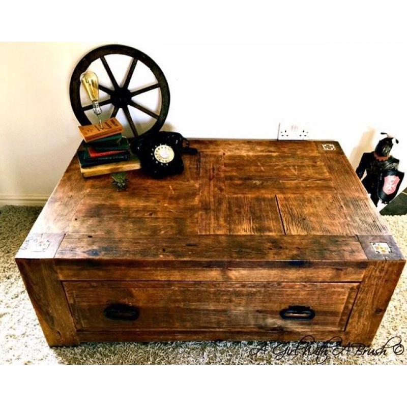 Antique Rustic Oak Chest with Drawer Coffee Table