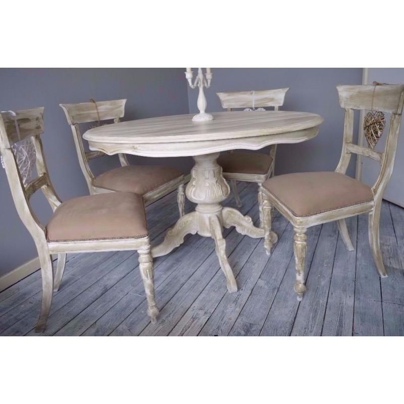 Shabby Chic Rustic Round French Style Dining Table & 4 Wooden Rustic Chairs