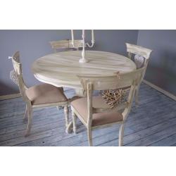 Shabby Chic Rustic Round French Style Dining Table & 4 Wooden Rustic Chairs
