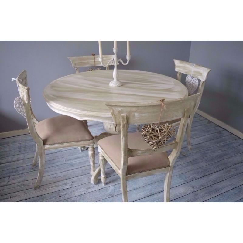 Shabby Chic Rustic Round French Style Dining Table & 4 Wooden Rustic Chairs
