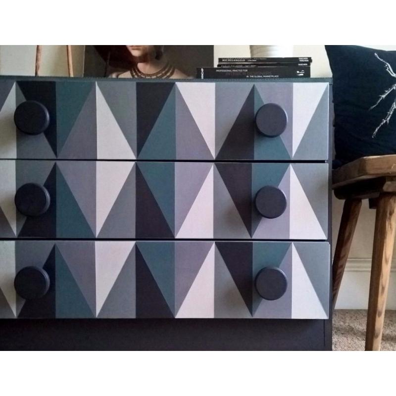 Colourful gemoteric quirky refurbished chest of drawers