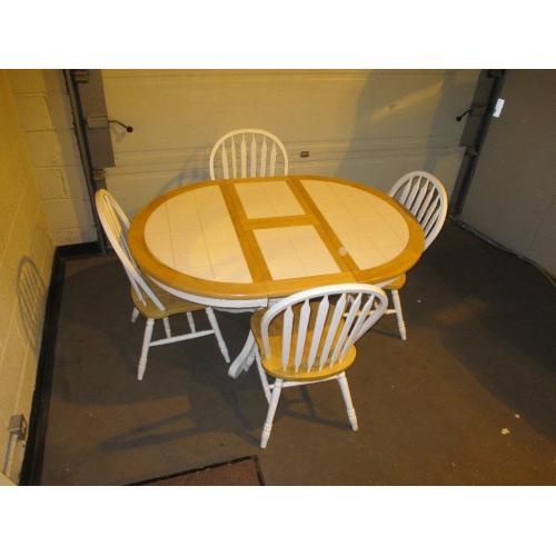 ROUND WHITE TILE TOP & PINE EXTENDING PEDESTAL DINING TABLE & 4 CHAIRS+++SOLD PENDING DELIVERY++++