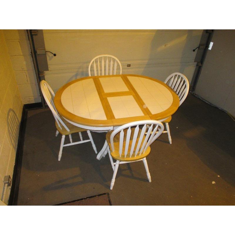 ROUND WHITE TILE TOP & PINE EXTENDING PEDESTAL DINING TABLE & 4 CHAIRS+++SOLD PENDING DELIVERY++++