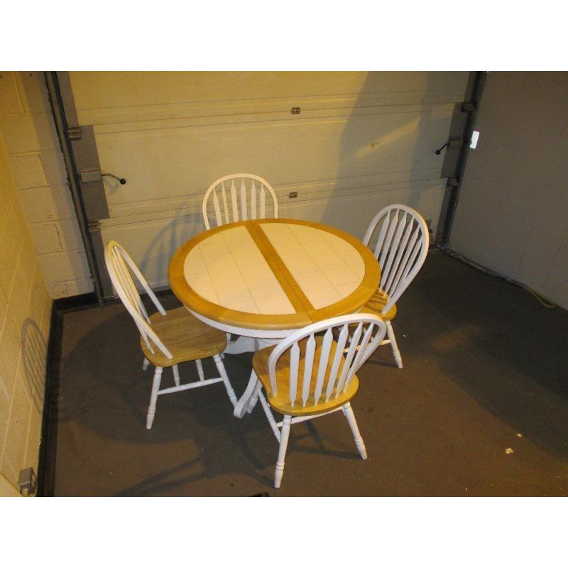 ROUND WHITE TILE TOP & PINE EXTENDING PEDESTAL DINING TABLE & 4 CHAIRS+++SOLD PENDING DELIVERY++++