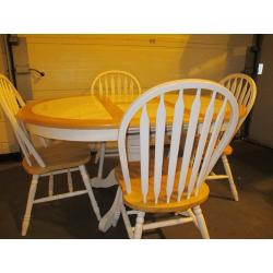 ROUND WHITE TILE TOP & PINE EXTENDING PEDESTAL DINING TABLE & 4 CHAIRS+++SOLD PENDING DELIVERY++++