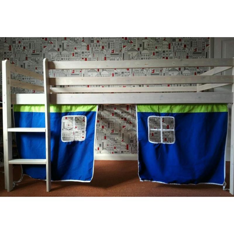 Mid sleeper childrens cabin bed frame with ladder and tent