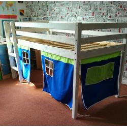 Mid sleeper childrens cabin bed frame with ladder and tent