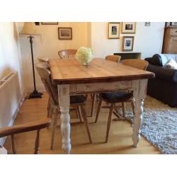 Pine Farmhouse Table, shabby chic base and legs, with 6 chairs.