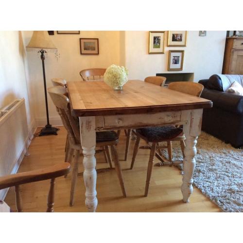 Pine Farmhouse Table, shabby chic base and legs, with 6 chairs.