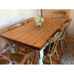 Pine Farmhouse Table, shabby chic base and legs, with 6 chairs.