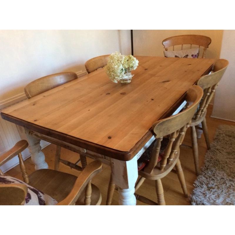 Pine Farmhouse Table, shabby chic base and legs, with 6 chairs.