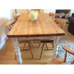 Pine Farmhouse Table, shabby chic base and legs, with 6 chairs.