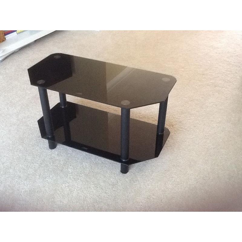 TV stand, black glass, 2 shelves, sleek and trendy